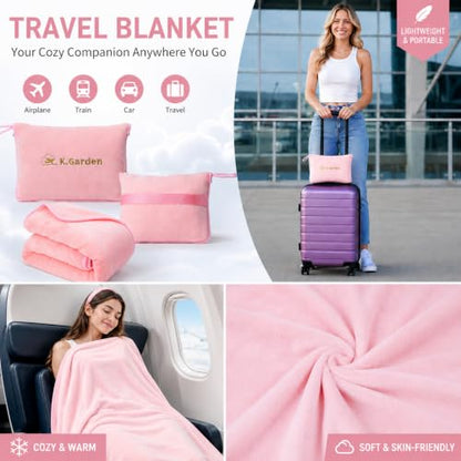 K.Garden Travel Throw Blanket Pillow, Pink | 2 in 1, Soft, Compact, Luggage Backpack Strap, Airplane Flight Essentials