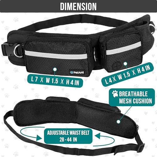 PetAmi Hands Free Dog Leash, Dog Running Leash Belt Bag for Walking, Jogging, Dog Waist Double Zipper Pouch with Poop Bag Dispenser, Dual Padded Handles Reflective Bungee Leash, Double (Black) - color: Black, size: 2 Leashes