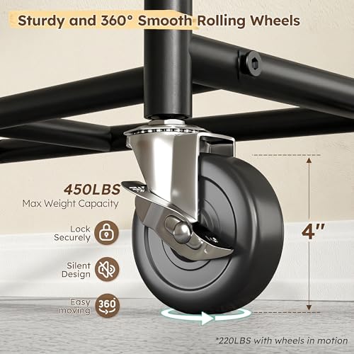 Raybee 75" W Heavy Duty Clothes Rack Load 450 LBS, Metal Garment Storage with Shelf, Lockable Wheels & Anti-Slip Stoppers, Rolling Clothing Rack for Bedroom Laundry Room, Black - color: Black, style: Rod Shelf