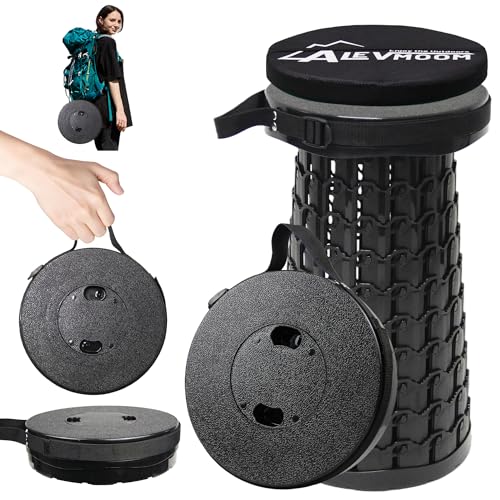 ALEVMOOM Collapsible Stool with Thick Cushion, H 18.1" D 10.24" Portable Telescoping More Sturdy Load Capacity 600Lbs, Retractable Adjustable Camping Folding Stool for Outdoor Hiking BBQ Climb - color: Black, size: 10.24*10.24*18.1 IN