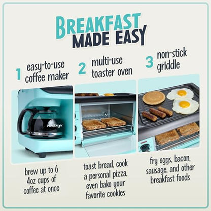 Nostalgia 3-in-1 Breakfast Station - Includes Coffee Maker, Non-Stick Griddle, and 4-Slice Toaster Oven - Versatile Breakfast Maker with Timer - Aqua - color: Aqua, style: Classic Retro
