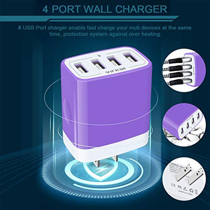 Wall Charger, USB Charger Adapter, 4.8A 4Multi Port Fast Charging Station Power Base Block Plug Cube Brick for iPhone, iPad, Samsung Galaxy, Moto, Google Pixel, Kindle Fire Plug Cargador Carro - color: Purple
