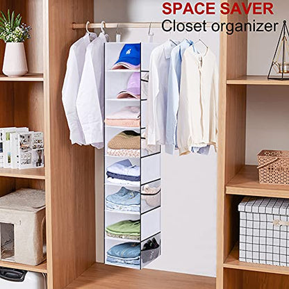 MISSLO 8-Shelf Hanging Shoe Organizer Clothes Closet Organizers and Storage Shelves Hat Holder with Large Shelf and Side Mesh Pockets for Hats Handbags Kid Sweater (White)