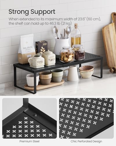 SONGMICS Spice Rack, Expandable Kitchen Countertop Shelf, Small Cupboard Organizer, Metal, Space-Saving Tabletop Shelf, Matte Black UKCS007B01 - color: Matte Black, size: Set of 1