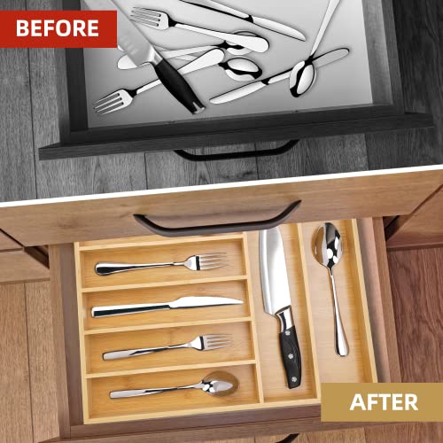 Upassion Bamboo Kitchen Drawer Organizer, 13 Inch Silverware Organizer with Extra-deep Grooved Divider, 7 Slots Pure Bamboo Wood Caddy for Flatware Cutlery Knives, Forks, Spoons - size: 13 x 17 inch (7 Slots)