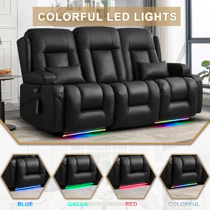 URRED Power Loveseat Recliner Sofa with Massage and Heat, Wall Hugger Reclining Loveseat with Console, RV Couch Home Theater Seating with LED Lights for Living Room (Black, 76.8" - 3 Seats) - color: Black, size: 76.8" - 3 Seats