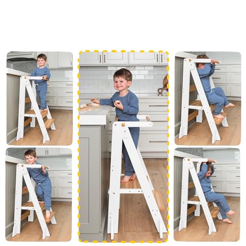 OCODILE Adjustable Foldable Toddler Tower – Folding Tower for Kids | Montessori Toddler Kitchen Step Stool Helper for Independence - White - color: 2 - White