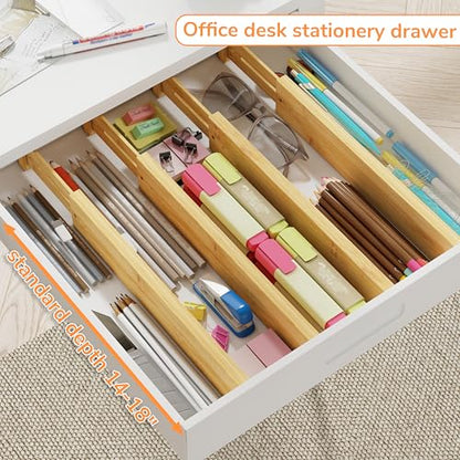 BAMEOS Bamboo Expandable Drawer Dividers – Fits 13.3"–19" Drawers, 2" High, Set of 4 | Spring-Loaded Bamboo Separator for Kitchen Island, Bathroom Vanity & Dresser Drawers - size: 2''H, 13.3''-19''L