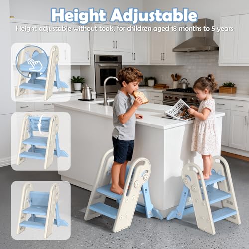 Onasti Toddler Step Stool with Handles, Adjustable Kids Stool Converts from 3-Step to 2-Step, Non-Slip and Anti-Tip Design for Safer Potty Training, Bathroom Sink and Kitchen Counter- Blue - color: Baby Blue