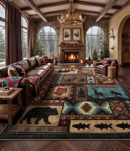 YIHOUSE Rustic Cabin Rugs for Living Room 10x14, Wildlife Bear & Deer Area Rug, Washable Southwestern Lodge Large Area Rug - color: Brown, size: 10' x 14' (Rectangular)