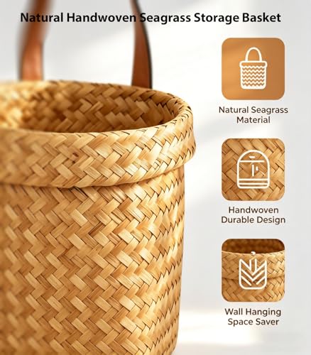 Wall Hanging Basket, Natural Seagrass Woven Storage Basket, Farmhouse Wall Organizer for Bedroom, Entryway & Kitchen