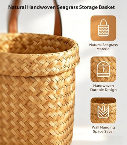Wall Hanging Basket, Natural Seagrass Woven Storage Basket, Farmhouse Wall Organizer for Bedroom, Entryway & Kitchen
