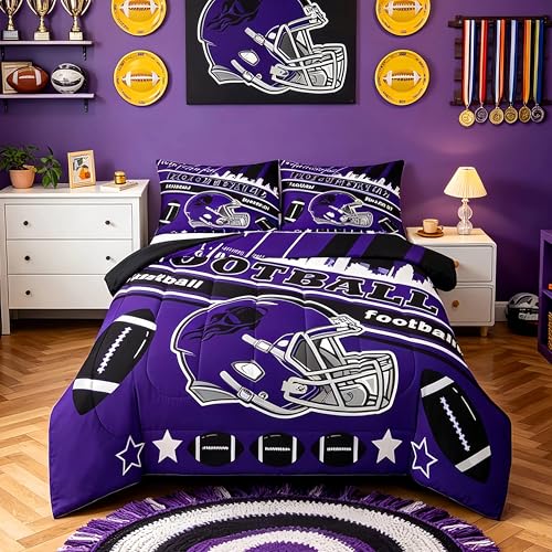 Feelyou Football Bedding Set Boys Girls Queen Size Rugby Sports Comforter Set Sports Themed Women Men Football City Duvet Quilt Bedroom Decor - color: Purple Black, size: Queen