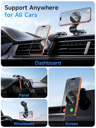 ANDERY Car Phone Holder for MagSafe [360° Adjustable Memory Alloy Arm | 2400gf Strongest Magnetic Power] Bendable Car Mount, Phone Holders for Your Car for iPhone 17-12 Pro Max Air Plus All Smartphone