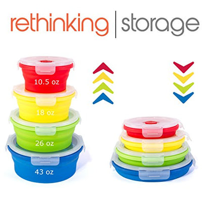 Thin Bins Collapsible Containers Set of 4 Round Silicone Food Storage Containers BPA Free, Microwave, Dishwasher and Freezer Safe - No more cluttered container cabinet! SC-149A - size: Round - Assorted Sizes - Set of 4