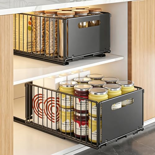 2 Pack Pull Out Cabinet Organizer, Heavy Duty Slide Out Drawer with No Drill Adhesive or Screw Mount, Carbon Steel Roll Out Shelf for Kitchen Cabinet, Pantry & Bathroom Storage - color: Black-2PC, size: 14.8"D X 9.6"W X 7.48"H