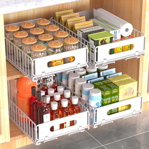 4 Pack Pull Out Cabinet Organizer, Heavy Duty Slide Out Drawer with No Drill Adhesive or Screw Mount, Carbon Steel Roll Out Shelf for Kitchen Cabinet, Pantry & Bathroom Storage - color: White-4PC, size: 14.8"D X 9.6"W X 3.9"H