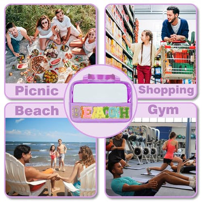 Snack Bags Chenille Letter Patch Clear Bag for Travel, Preppy Cosmetic Bag Snack pouch with Zipper, Toiletry Bag for Traveling Women, Clear Travel Bags for Toiletries (Deep Purple) - color: Deep Purple