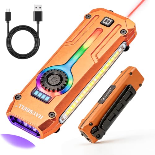 HAUSBELL Flat EDC Flashlight,1800 Lumen UV Magnetic Rechargeable Pocket | Stepless Dimming Dial,Stainless Steel Body,RGB+UV,USB-C Fast Charge,Magnetic Base,Waterproof, for Work,Camping & Emergency - color: Orange