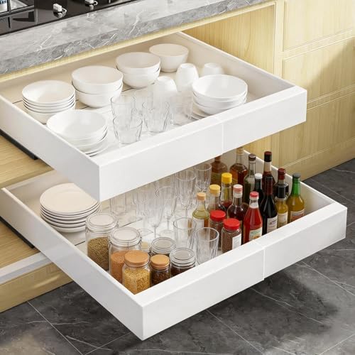 2-Pack Expandable Pull Out Cabinet Organizer 21" Deep with 3 Slide Rails, Adjustable Width (12"-22") Drawer Organizer for Kitchen Pantry Base Cabinets, Fixed with Roll Out Shelves Adhesive, White - size: 2 Pack
