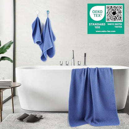 POLYTE 430 GSM Microfiber Quick Dry Lint Free Oversize Bath Towel Set, 6 Piece (Waffle Weave) - color: Royal Blue