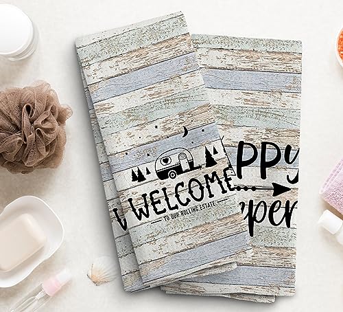 Happy Camper Hand Towels, Camper Gifts, RV Accessories for Inside Fun, Camping Gifts for Women Men, Welcome to Our Rolling Estate Kitchen Towels Dish Towels, Set of 2,16x24 - color: Rv Tent-1