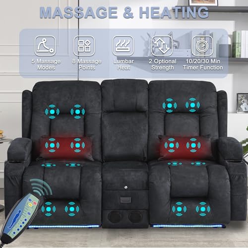 URRED Power Loveseat Recliner Sofa with Massage and Heat, Wall Hugger Reclining Loveseat with Console, RV Couch Home Theater Seating with LED Lights for Living Room (Dark Grey, 67" - 2 Seats) - color: Dark Grey, size: 67" - 2 Seats