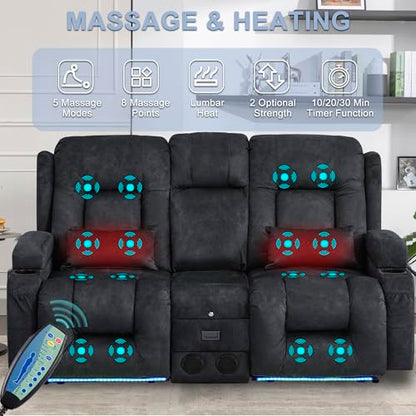 URRED Power Loveseat Recliner Sofa with Massage and Heat, Wall Hugger Reclining Loveseat with Console, RV Couch Home Theater Seating with LED Lights for Living Room (Dark Grey, 67" - 2 Seats) - color: Dark Grey, size: 67" - 2 Seats
