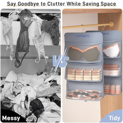Lumigens Hanging Sock & Underwear Organizer, Hanging Closet Organizer with Pockets, Bra Hanger for Closet Organizer with 360° Rotating Hook, Space Saving Hanging Storage for Wall, Bedroom, RV