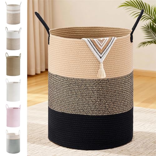 100L Extra Large Tall Cotton Rope Laundry Basket with Handle, Brown & Black | Storage Bin for Clothes, Blankets & Kids Toys, Boho Woven Hamper, Portable Organizer for Nursery, Bedroom, Living Room - color: Brown & Black, size: 100L