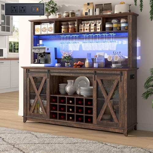63"Wide 58"H Farmhouse Coffee Bar Cabinet with Power Outlet and LED Light,Wine Bar Cabinet w/ 4 Storage Hutch,Kitchen Buffet Cabinet with 15 Wine and Glass Racks for Kitchen Dining Room(Brown) - color: Brown, size: 63 in