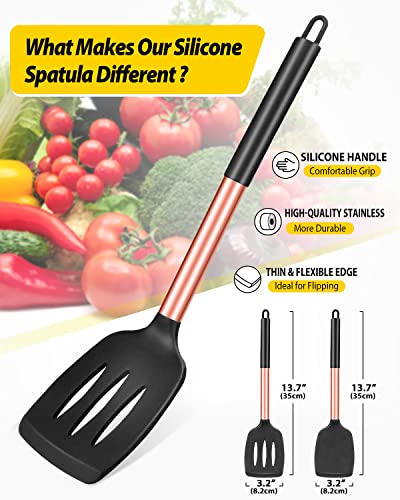 Pack of 2 Silicone Solid Turner, Non Stick Slotted Kitchen Spatulas, High Heat Resistant BPA Free Cooking Utensils, Ideal Cookware for Fish, Eggs, Pancakes(Rose Gold Black) - color: Rose Gold Black