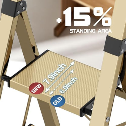 4 Step Ladder, Lightweight Folding Step Stool with Anti-Slip Aluminum Wide Pedal& Convenient Handgrip, 330lbs Capacity Steel Ladder for Household and Office (Gold) - color: Gold, size: 4 Step