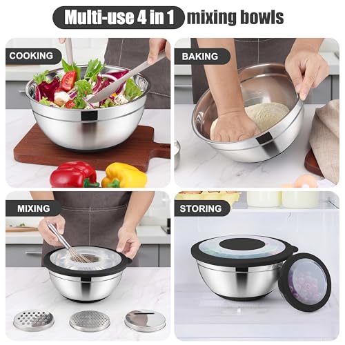 E-far Mixing Bowls with Lids Set, 15PCS Stainless Steel Mixing Nesting Bowl with Colander & 3 Metal Grater for Kitchen Prep/Baking/Storage, Non-Slip Bottom & Airtight Lid, 4.6, 3, 1.5, 1, 0.7QT, Black - color: Black