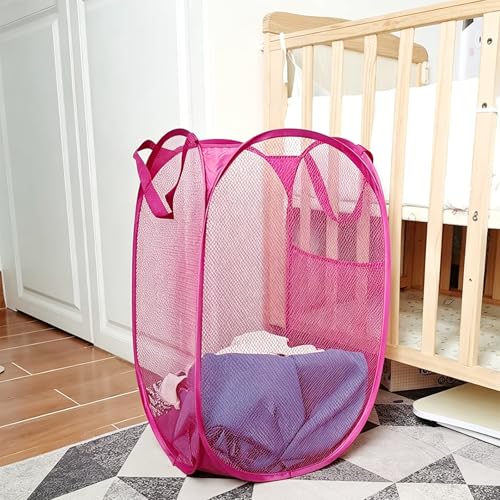 Larpur Popup Laundry Basket, Collapsible Portable Mesh Clothes Washing Laundry Hamper with Reinforced Carry Handles (Pink) - color: Pink