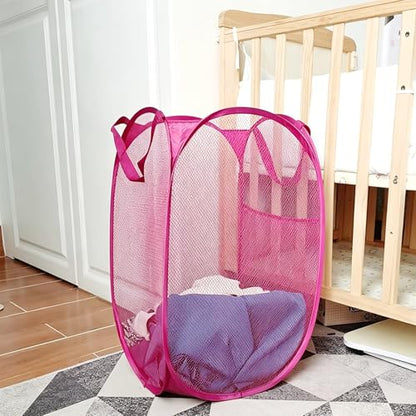 Larpur Popup Laundry Basket, Collapsible Portable Mesh Clothes Washing Laundry Hamper with Reinforced Carry Handles (Pink) - color: Pink