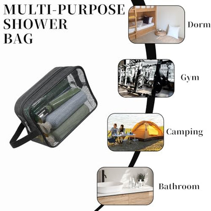 Mesh Shower Caddy Bag for Bathroom Gym Black Portable Toiletry Organizer Gym Shower Mesh Bag Quick Dry Tote Bags with Zipper for Hanging Women Men Dorm Camping Swimming Beach
