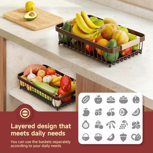 Sevenblue 2 Tier Large Fruit Basket for Kitchen Counter with 2 Mobile Banana Hangers, 2026 Pro Detachable Metal Fruit Bowl with Wooden Handle (Brown, 2 Tier) - color: Brown, size: 2 Tier Standard