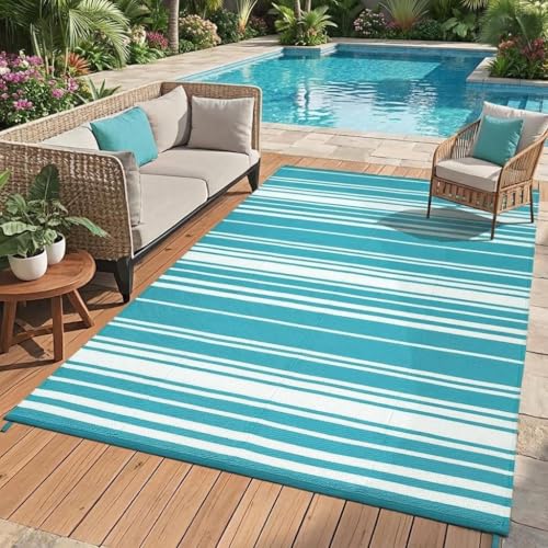 GAOMON Modern Striped 9x12 Outdoor Rug UV-Resistant Geometric Lines Reversible Plastic Straw Indoor Outdoor Rugs Waterproof Outside Large Carpet for Camping Trailer RV Balcony Pool Light Blue White - color: Geometric Stripes| Teal White, size: 9' x 12' (R