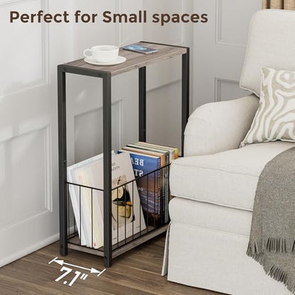 Homleke Narrow Side Tables Set of 2 with Magazine Holder, Skinny End Tables Perfect for Small Spaces, Space-Saving Design for Living Room, Bedroom, or Office, 7.1" D x 16.9" W x 23.6" H, Greige - color: Greige - Standard