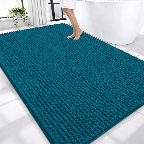 OLANLY Thick Large Bathroom Rugs 70x46, Extra Soft Absorbent Chenille Bath Rugs, Rubber Backing, Machine Wash Dry, Bath Mats for Bathroom Floor, Tub and Shower, Home Decor Accessories, Peacock Blue - color: Peacock Blue, size: 70" X 46"