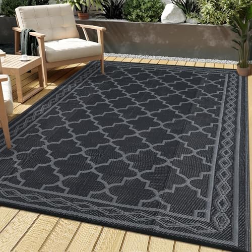 Garvee 9x12 Outdoor Rug, Large Waterproof Patio Carpet Reversible Plastic Straw Mat for Deck Backyard Balcony RV Camping, Easy Clean Outdoor Mat,Black/Grey - color: Black/Grey, size: 9' x 12' (Rectangular)