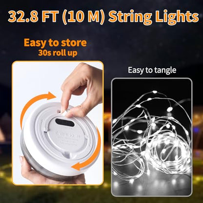 Camping String Lights Rechargeable 4000mAh, 3 in 1 Upgraded Outdoor String Lights with 13 Lighting Modes, 32.8FT LED Hanging Lights, Waterproof Camping Lights for Awning Party Festival Decor