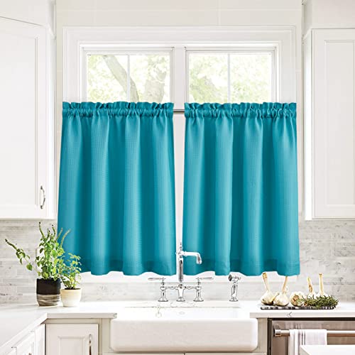 Valea Home Waffle Weave Textured Bathroom Window Curtains Water Repellent Short Curtains Window Covering Half Window Curtains Kitchen Tiers 36 inch Length, Turquoise, Set of 2 - color: Turquoise, size: 36"W x 36"L (Pack of 2)