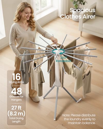 SONGMICS Clothes Drying Rack Foldable, Rotary Tripod Laundry Drying Rack, Rotatable Portable Floor Standing Clothes Airer, Laundry Room Balcony, 16 Pull-Out Aluminum Alloy Arms, Silver ULLR531EW01 - style: Aluminum Alloy Arms
