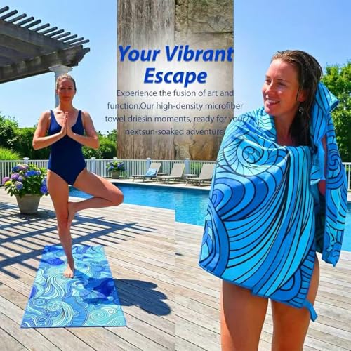 Puomue Microfiber Lightweight Beach Towel, 71 Inch X 32 Inch, Ultra Portable, Sand Free, Quick Dry, Thin and Large Size Towel for Travel, Camping, Swimming (Waves, 71“ X 32”)