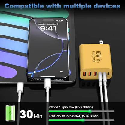 65W USB C Charger Block,6-Port Multi Device Fast Charger PD QC Wall Adapter | GaN technology saves space and reduces heat,ideal for home,office,travel,wide compatibility for iphone & USBC devices（Yellow - color: Yellow