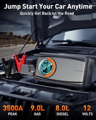 Jump Starter with Air Compressor, Car Battery Jump Starter (8.0 Gas/7.0L Diesel), Battery Jumper Starter Portable Jump Box, 12V Portable Car Jump Starter with Tire Inflator, LED Light (Classic)
