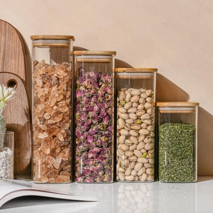 D2scrma 37oz Rectangle Airtight Glass Storage Containers with Bamboo Lids (Set of 6), Square Food Storage Jar, Pantry Organizers for Cereal, Nuts, Snacks and Coffee beans (‎with Black Lable)