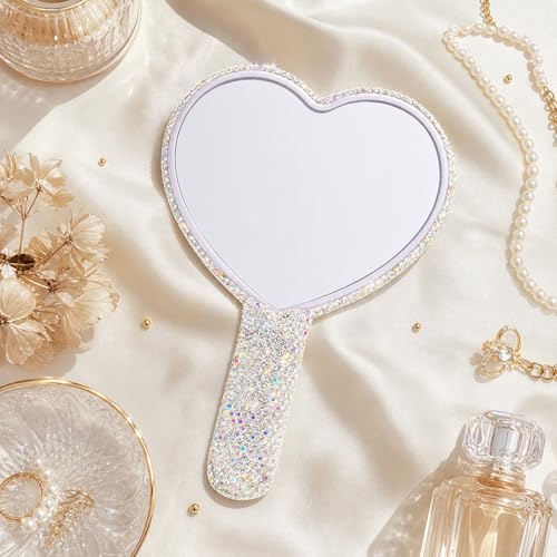 Wowagoga Sparkling Rhinestone Heart Shaped Handheld Mirror Heart Mirror Cosmetic Hand Mirror with Handle Cute Hand Mirror for Women Girls(White)